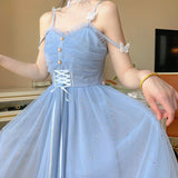 Kukombo Summer Fairy Elegant Dress Women Princess High Waist Sweet Strap Dress Female Korean Casual Holiday Gauze Kawaii Dresses