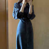 Christmas Gift New 2021 Women Spring Summer Shirt Dresses Fashionable Elegant High Waist Vintage Korean Lace Up Long Dress DR2116