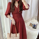 Kukombo Summer Women Printed Ruffles Dress Lady V-Neck Short Sleeve Chiffon Dress Female High Waist A-Line Vestidos