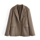 Kukombo Office Wear Single Button Blazer Coat Women Fashion Vintage Brown Long Sleeve Pockets Female Outerwear Autumn