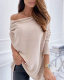 Kukombo Plain Long Sleeve Loose One Shoulder Blouse Women Casual Autumn Long Blouse Tops