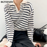 Christmas Gift BGTEEVER Casual Loose V-neck Striped Women Sweater Autumn Winter Knitwear Long Sleeve Knitted Female Pullovers Jumpers 2021