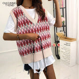 Christmas Gift Argyle Sweater Vest Women Sweater Vest Loose 2021 Fall Winter New Preppy Young Girls Pullover Sweater Top Waistcoats Fit Female