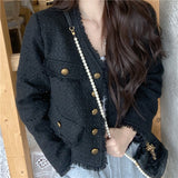 Kukombo Korean Black Warm Jacket Coat Women Long Sleeve High Street Button Vintage Jacket Female Designer  Autumn Winter Clothing 2022