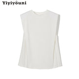 Christmas Gift Yiyiyouni Padded Shoulder Sleeveless T-shirt Women Summer Casual Solid Tee Shirt Women O-neck Loose Cotton Korean Tops Female