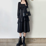 Christmas Gift Gothic Ruffle Balck Dress Streetwear Women Square Collar Split Midi Bandage Srappy Long Sleeve Party Dresses for Women
