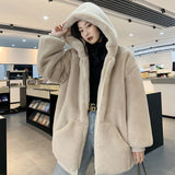 Christmas Gift Fashion Plush coat women's winter imitation Rex Rabbit Fur grass loose medium length 2021 new hooded thickened coat