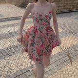 Christmas Gift Mini Dresses Women Sexy Stylish Spaghetti-strap Summer Leisure Princess Style Printing Sweet High Waist Korean Holiday Sundress