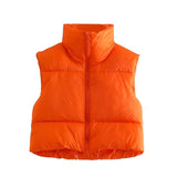 Christmas Gift 2021 Women Fashion Brown Cropped Vest Coat Female Stand Collar Zipper Waistcoat Ladies Casual Outerwear