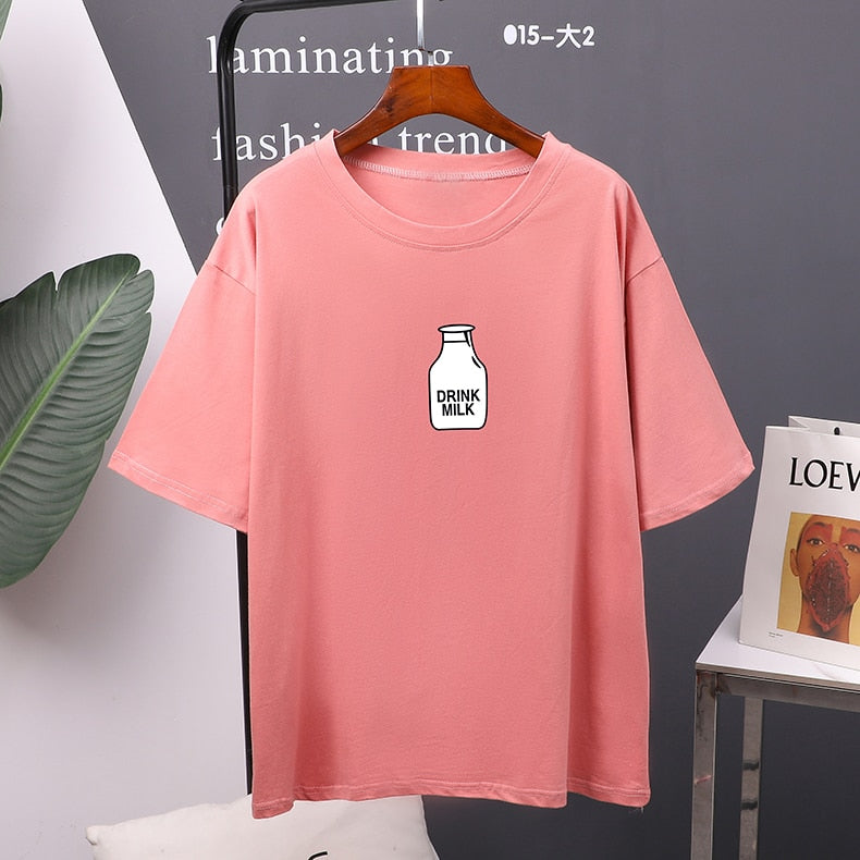 Christmas Gift Hirsionsan 7 color Printed T Shirt Women 2021 New Harajuku Korean Oversized 100% Cotton Summer Tees Ins Soft Female Tops