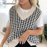 Kukombo Houndstooth Vest Sweater Women 2023 New Casual V Neck Sleeveless Jumper Knitted Korean Pullover Loose Female Tops
