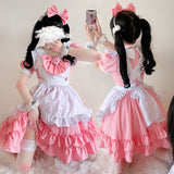 Kukombo Halloween Candy Lolita Sweet Style Cute Cat Cafe Maid Outfit Pink Princess Dresses Flouncing Bow Trim Japanese Harajuku Doll Teen Dress