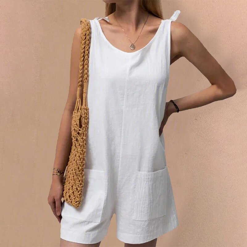 Christmas Gift 2021 Summer Women's Jumpsuit Solid Color Sleeveless Adjustable Straps Pockets Loose Jumpsuit Dungarees Short Pants Jumpsuits