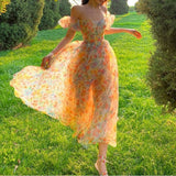 Kukombo Summer Floral Design Elegant Midi Dresses Women Office Lady One Piece Dress Korean Short Sleeve Vintage Beach Strap Dress 2022