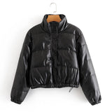Christmas Gift Streetwear Cropped Faux PU Leather Jacket Women Parkas Turtleneck Bubble Thick Winter Coat Ladies Overcoat Autumn New
