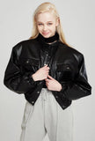Kukombo Autumn Spring Solid Casual Jacket Women Female Chic Long Sleeve PU Leather Jacket With Quilted Lining Cropped Coat Outwear