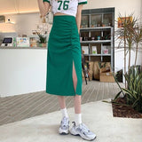 Kukombo Summer Solid Elegant Skirt Women High Waist 2022 Korean Designer Split Casual Skirt Female A-Line Beach Outing Sweet Midi Skirt K90