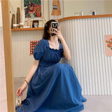 Kukombo Short Sleeve Dress Women Summer Solid Pleated Square Collar Mid-Calf Elegant Korean Simple Leisure Loose Preppy Womens A-Line BF
