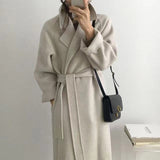 Christmas Gift Woman Long Coat Elegant Wool Coat With Belt Solid Color Korean Long Sleeve Chic Outerwear Autumn Winter Women Thick Overcoat