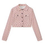 Kukombo Women's Autumn Plaid Pant Sets Single-breasted Long Sleeve Turn-down Collar Short Jacket High Waist Zipper Button Flare Pants