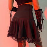 Kukombo Basic Versatile Stretchy High-waisted Lace Stitching Short Skirt Casual Vintage Harajuku Women 2022 Black Mini Skirt