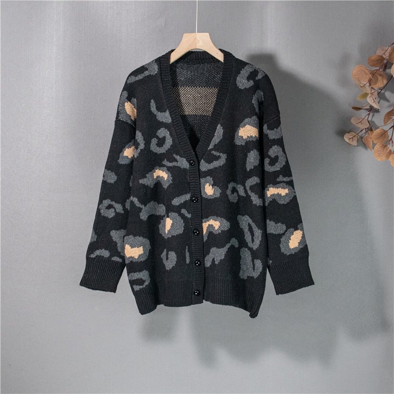 Christmas Gift  New 2021 Women's Autumn Winter Sweaters Fashionable Elegant Button Cardigans Leopard Oversized Vintage Tops SWC3186JX