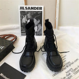 Kukombo Women's Ankle Boots Platforms Mid-Calf Knitted PU Punk Style Shoes Gothic Black Autumn Winter Harajuku
