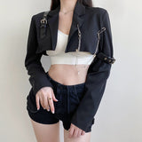 Kukombo Streetwear Punk Chain Black Woman Jacket Buckle Fashion Cardigan Cropped Coat Autumn Winter Jackets Outerwear Short