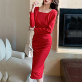 Kukombo Women's Spring Autumn Elegant Party Midi Dress Slim Waist Solid Office Lady Vestidos Sexy Split Long Sleeve Bodycon Clothing