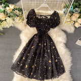 Vintage Dress Corset For Women Elegant Square Neck Short Sleeves Hepburn Style Black Robe Cocktail Dresses Summer Clothing