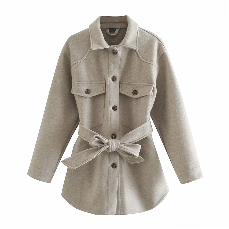 Christmas Gift Women Chic Wool Coats With Belt 2021 Solid Long Sleeve Pockets Shirt Jackets Outerwear Turn Down Collar Elegant Coat