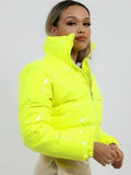 Kukombo Women Winter Coat PU Short Orange Puffer Jacket Bubble Fashion Glossy Shiny Cotton Padded Standard Collar Warm Outwear