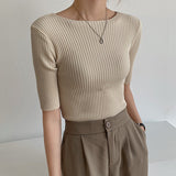 Kukombo New 2023 Women Summer T-Shirt Bottoming Basic Solid Fashionable Knitted Cutout Korean Style Wild Lady Tops