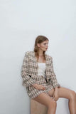 Kukombo Vintage Tweed Plaid Tassels Blazer Suits Set Women Autumn Long Sleeve V Neck Blazer Coats And Skirt Shorts Two Piece Outfits New