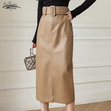 Christmas Gift Square Buckle Belt Mid-length High Waist Skirts Solid Pocket A-line Straight Split Pencil Skirt Hip-wrap PU Leather Skirts 17098