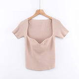 Kukombo Aproms Green Square Neck Ribbed Knitted T-shirt Women Sexy Solid Color High Strench Tshirt Cool Girls Street Style Crop Top 2024