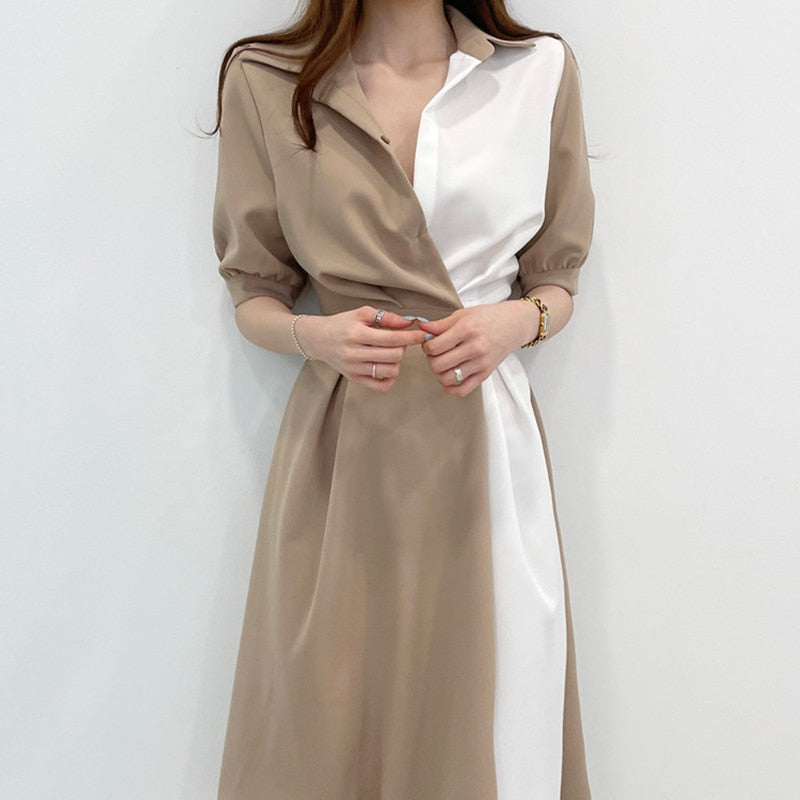 Christmas Gift Sexy Korean Chicc Summer French Lapel Design with Contrast Stitching One Waist Short Sleeve Dress