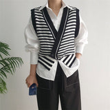Kukombo 2022 New Spring Autumn Women Sweaters Striped Sleeveless Vest Waistcoat Knitted Vintage Wild Short Tops SWV3085JX