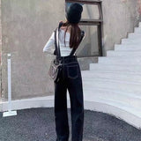 Kukombo Women's Denim Jumpsuits Black Straight Tube Relaxed Chic Straps Trousers 2022 Korean Preppy Style Retro High Waist Denim Jeans