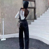 Christmas Gift Women's Denim Jumpsuits Black Straight Tube Relaxed Chic Straps Trousers 2021 Korean Preppy Style Retro High Waist Denim Jeans
