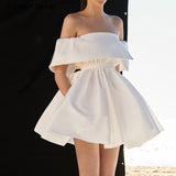Kukombo Slash Neck Elegant Party Dress For Women Ruffles High Waisted Mini Bodycon Dress Female Short Sleeve Runway White Clothing