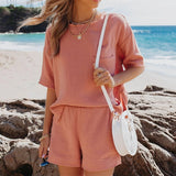 Kukombo  Summer Casual Cotton Linen Pocket Sets Short Sleeve T Shirt And Elastic Shorts Two Piece Set Women Beach Solid Outfits Tracksuit