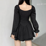 Kukombo Autumn Spring A-Line Dress Sexy Slim Solid Square Collar Puff Sleeve Mini Dresses For Women 2022 Eleggant Fashion Ladies