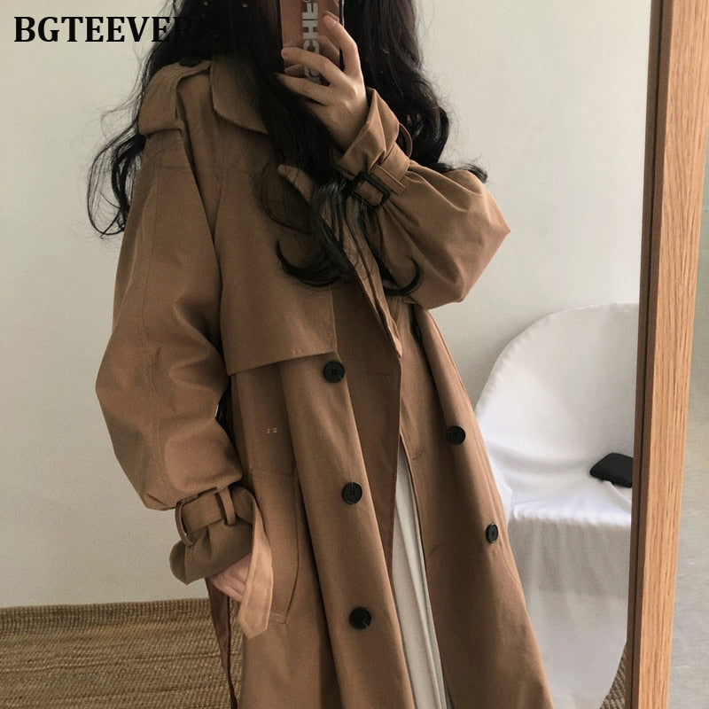 Christmas Gift Chic Women Trench Coat Casual Women's Long Outerwear Loose Overcoat Autumn Winter Fashion Double-breasted Windbreaker Femme