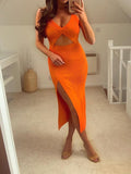 Kukombo Stylish Chic Front Hollow Out Orange Midi Dress Women 2021 Fashion V-Neck Side Split Strap Dress Female Elegant Vestidos