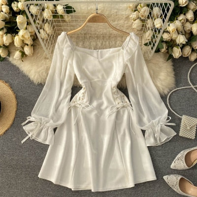 Spring Vintage Dress Women A-Line Side Bandage Corset Lady's Dress Puff Sleeve Knee-Length Female Gothic Style Party Vestido