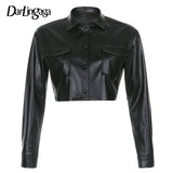Christmas Gift Streetwear Black Cropped PU Leather Jackets Buttons Pockets Basic Autumn Winter Jacket Women Coat Moto Outwear Punk