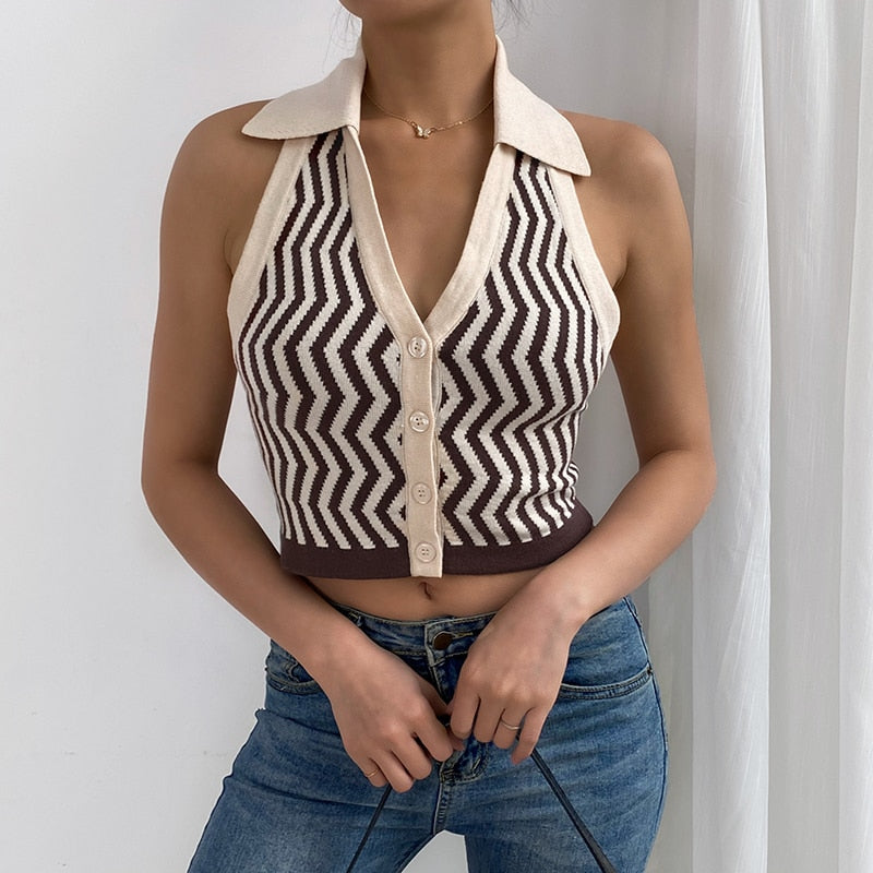 Kukombo Streetwear Fashion Striped Halter Knitted Vest For Women Sexy Backless Slim Outfits Female Tank Tops Autumn Ladies