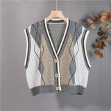 Kukombo  2022 New Autumn Winter Women Sweaters V-Neck Sleeveless Oversized Vintage Vest Argyle Waistcoat Lady Tops SWV1380JX