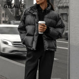 Christmas Gift  Black Street Style Solid Puffer Jacket Women Winter Clothes Casual Zipper Button Warm Bubble Coats Parkas Outerwear